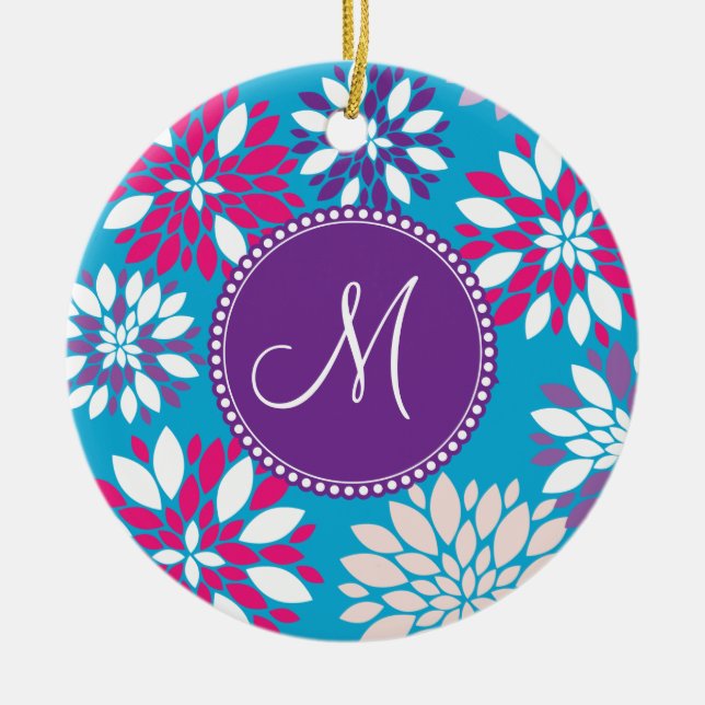 Custom Monogram Purple Pink White Flower on Blue Ceramic Tree Decoration (Front)