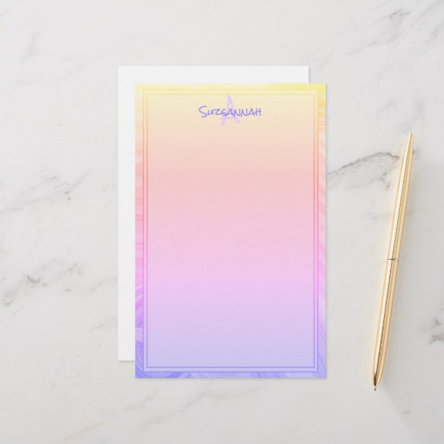 Custom Monogram Rainbow Purple Pink Orange Border Stationery (Front/Back In Situ)