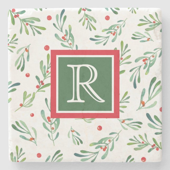 Custom Monogram Red and Green Christmas Foliage Stone Coaster (Front)