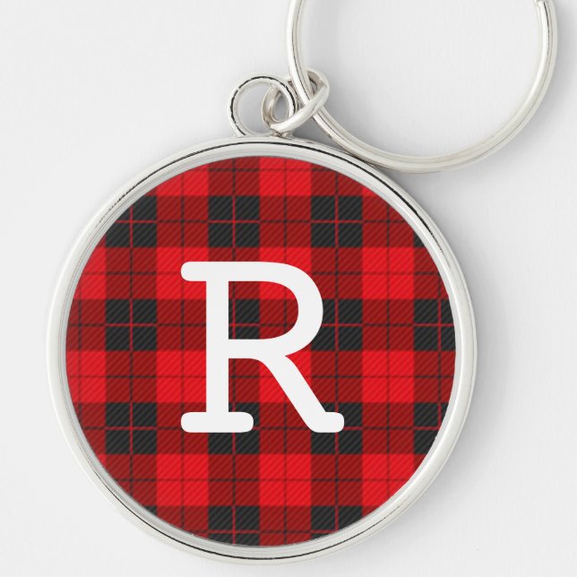 Custom Monogram Red Buffalo Plaid Flannel  Key Ring (Front)