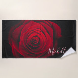 Custom monogram red rose vintage photograph beach towel