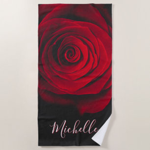 Custom monogram red rose vintage photograph black beach towel