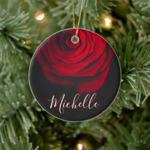 Custom monogram red rose vintage photograph black ceramic tree decoration
