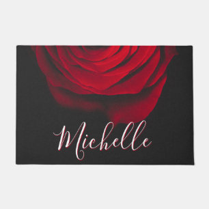 Custom monogram red rose vintage photograph black doormat