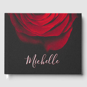 Custom monogram red rose vintage photograph black guest book