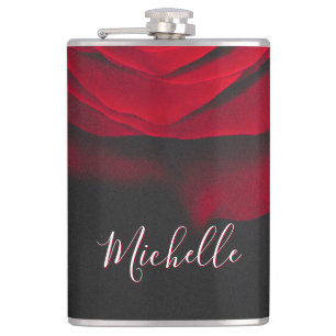 Custom monogram red rose vintage photograph black hip flask