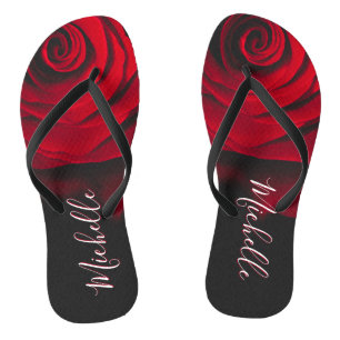 Custom monogram red rose vintage photograph black jandals
