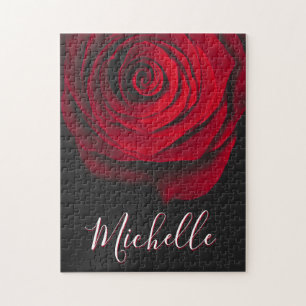 Custom monogram red rose vintage photograph black jigsaw puzzle