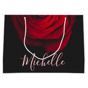 Custom monogram red rose vintage photograph black large gift bag