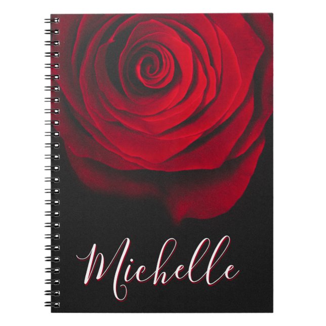 Custom monogram red rose vintage photograph black notebook (Front)