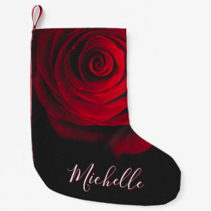 Custom monogram red rose vintage photograph black small christmas stocking
