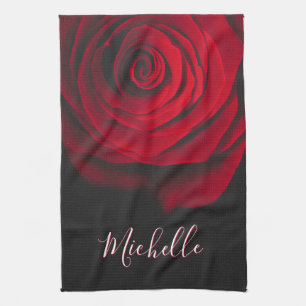 Custom monogram red rose vintage photograph black tea towel