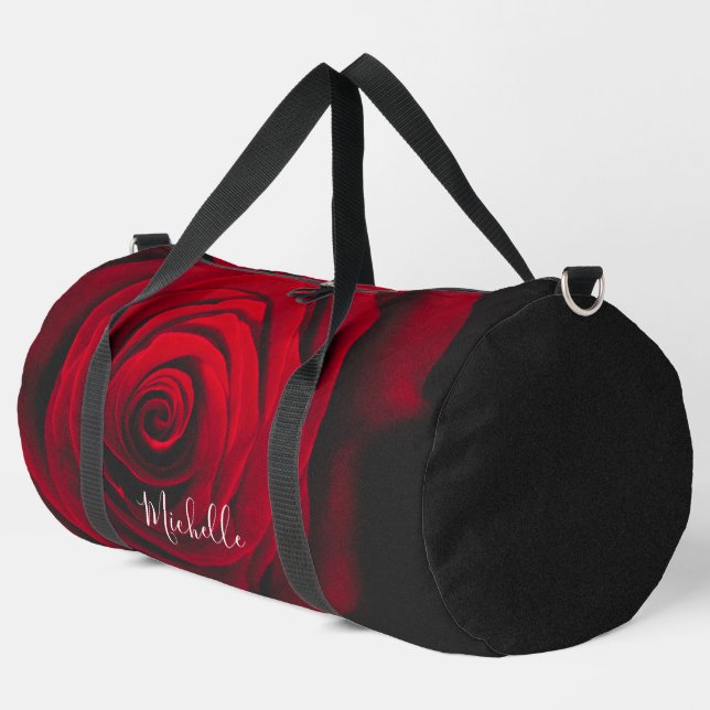 Custom monogram red rose vintage photograph duffle bag (Left Corner)