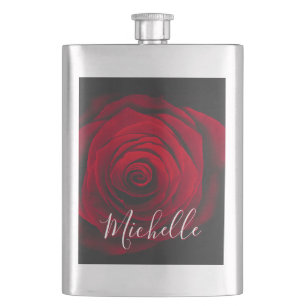 Custom monogram red rose vintage photograph hip flask