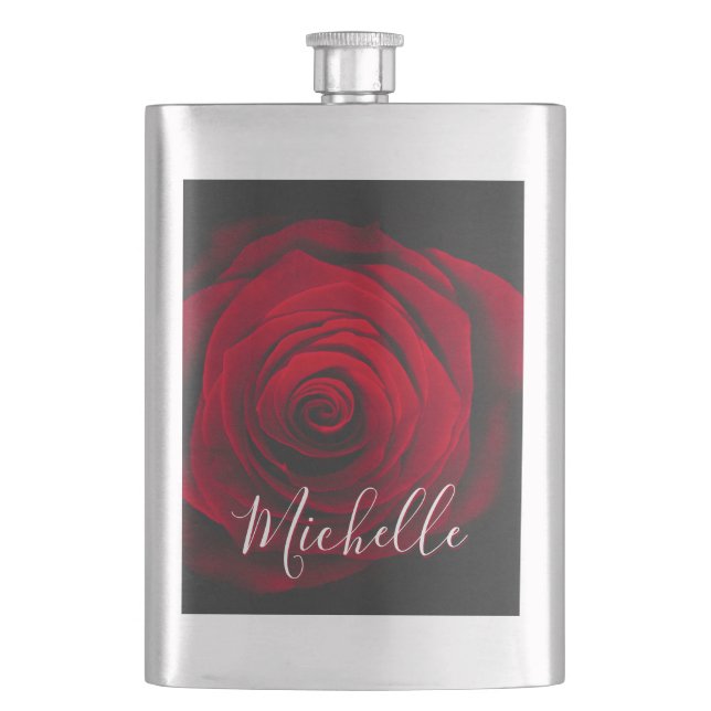 Custom monogram red rose vintage photograph hip flask (Front)