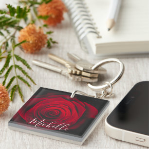 Custom monogram red rose vintage photograph key ring