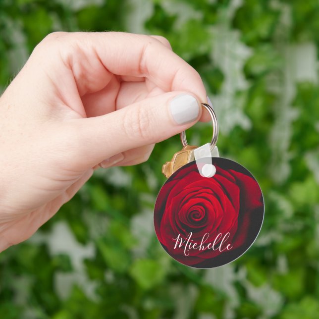 Custom monogram red rose vintage photograph key ring (Hand)