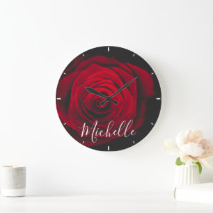 Custom monogram red rose vintage photograph large clock