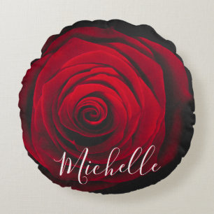 Custom monogram red rose vintage photograph round cushion