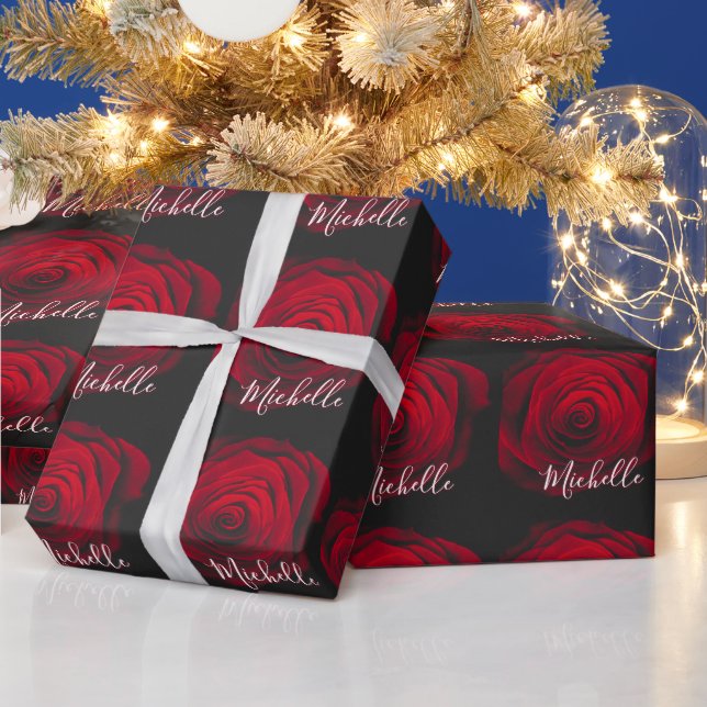 Custom monogram red rose vintage photograph wrapping paper (Holidays)