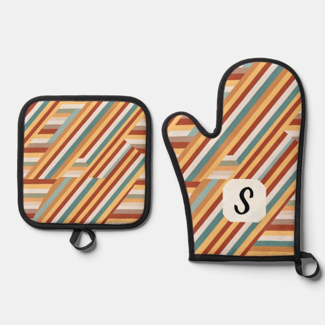 Custom Monogram Retro 70s Geometric  Oven Mitt & Pot Holder Set (Front)