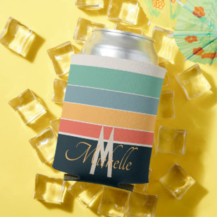 Custom Monogram Retro 70s Navy Blue & Pink Striped Can Cooler