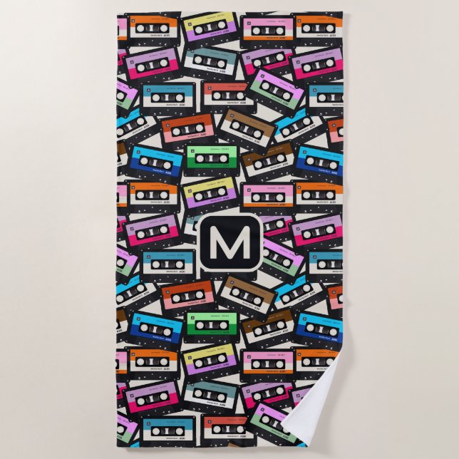 Custom Monogram Retro Casette Tapes Beach Towel (Front)