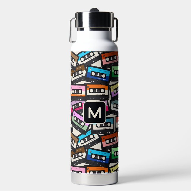 Custom Monogram Retro Casette Tapes Water Bottle (Front)