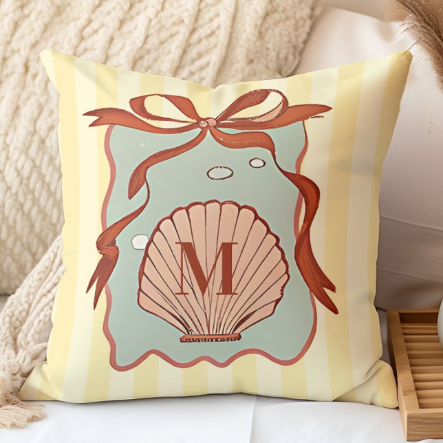 Custom Monogram Retro Coastal Seashell  Cushion (Creator Uploaded)