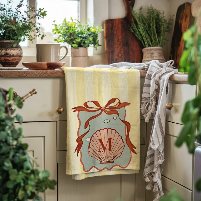 Custom Monogram Retro Coastal Seashell  Tea Towel (Creator Uploaded)