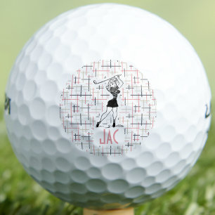 Custom Monogram Retro Girl Pink Pattern Stylish Golf Balls