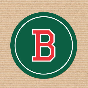 Custom Monogram Retro Varsity Red Green Holiday Classic Round Sticker