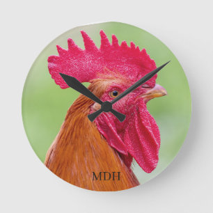 Custom monogram Rooster Close-Up Round Clock