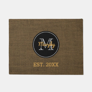 Custom Monogram Rustic Burlap Family Name Year Doormat
