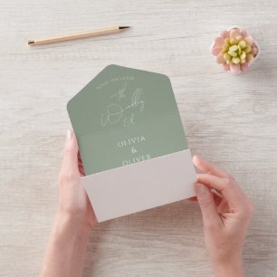 Custom monogram sage green calligraphy wedding all in one invitation
