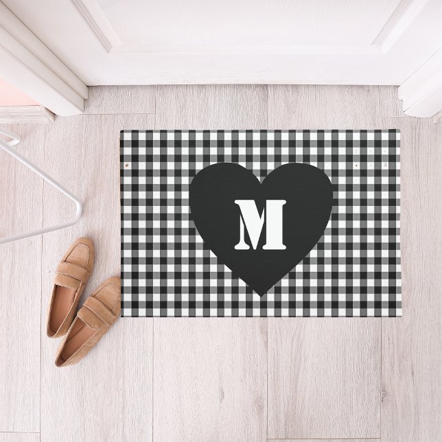 Custom Monogram Script Heart Black & white plaid Doormat (Creator Uploaded)