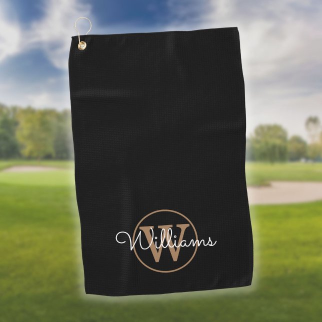 Custom Monogram Script Name Black And Gold Golf Towel (Creator Uploaded)