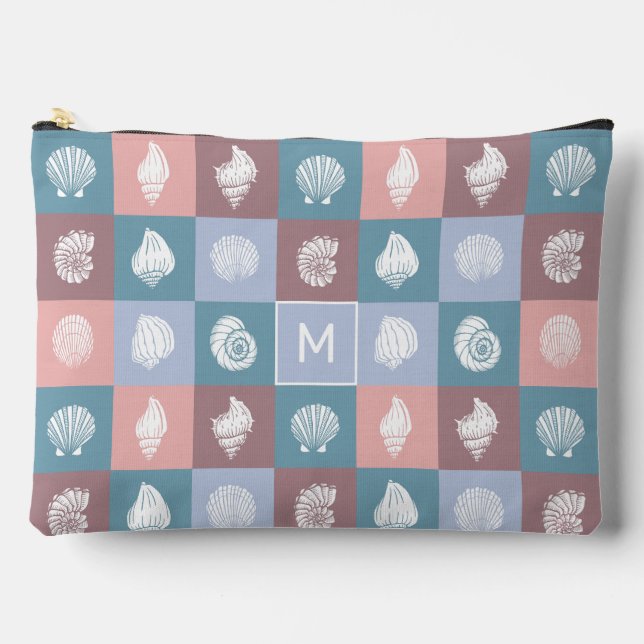 Custom Monogram Seashells Pattern Accessory Pouch (Front)