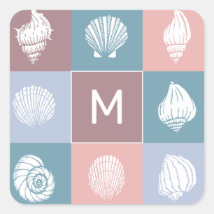 Custom Monogram Seashells Pattern Square Sticker
