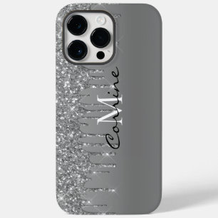 Custom Monogram Silver Glitter Drips Metallic iPhone 14 Pro Max Case