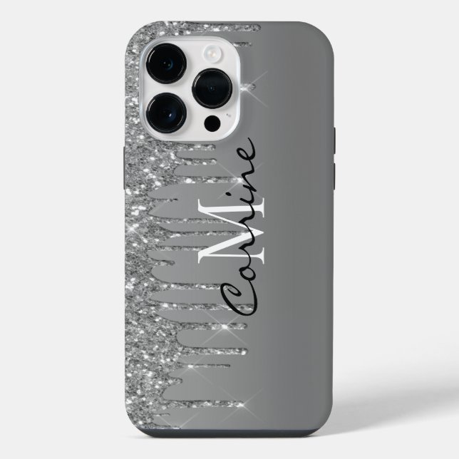 Custom Monogram Silver Glitter Drips Metallic iPhone Case (Back)