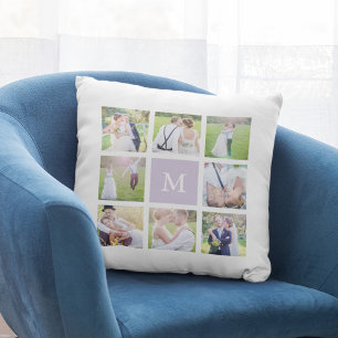 Custom Monogram Simple White Square Photo Collage Cushion