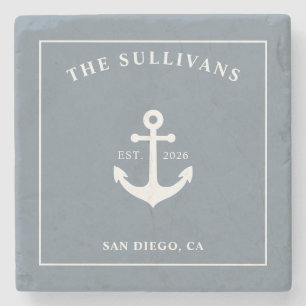 Custom Monogram Slate Blue Luxury Coastal Stone Coaster