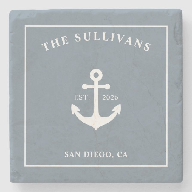 Custom Monogram Slate Blue Luxury Coastal Stone Coaster (Front)
