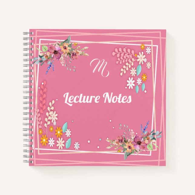 Custom Monogram Soft Pastel Pink Floral Lecture  Notebook (Front)