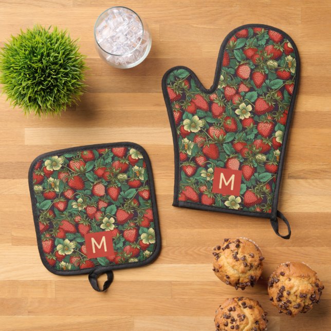 Custom Monogram Strawberries Pattern Oven Mitt & Pot Holder Set (Top Down)