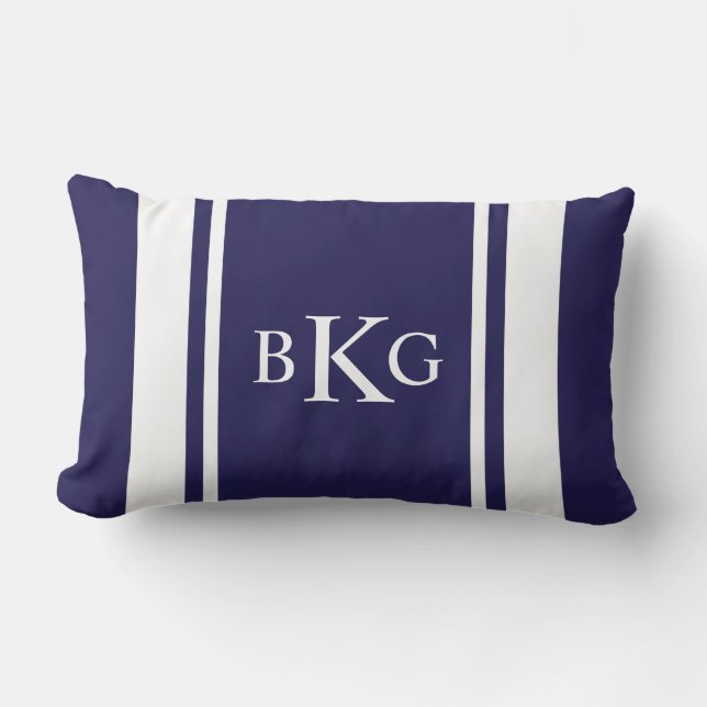 Custom Monogram & Stripe Pattern | Navy Blue Lumbar Cushion (Front)