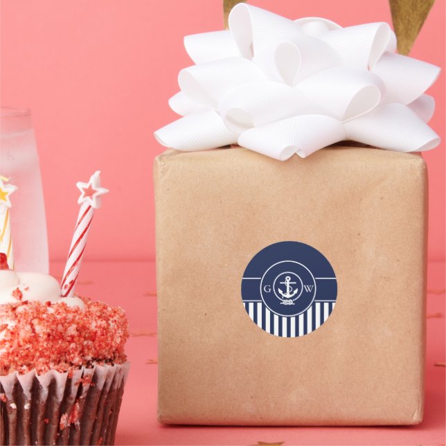 Custom Monogram Striped Nautical Anchor and Line Classic Round Sticker (Party)