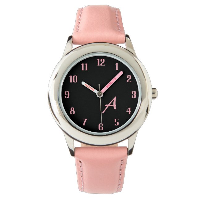 Custom Monogram Stylish Black And Pink Dial Girls Watch (Front)