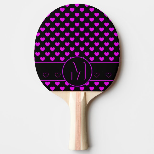 Custom Monogram, Stylish Black and Pink Hearts  Ping Pong Paddle (Front)